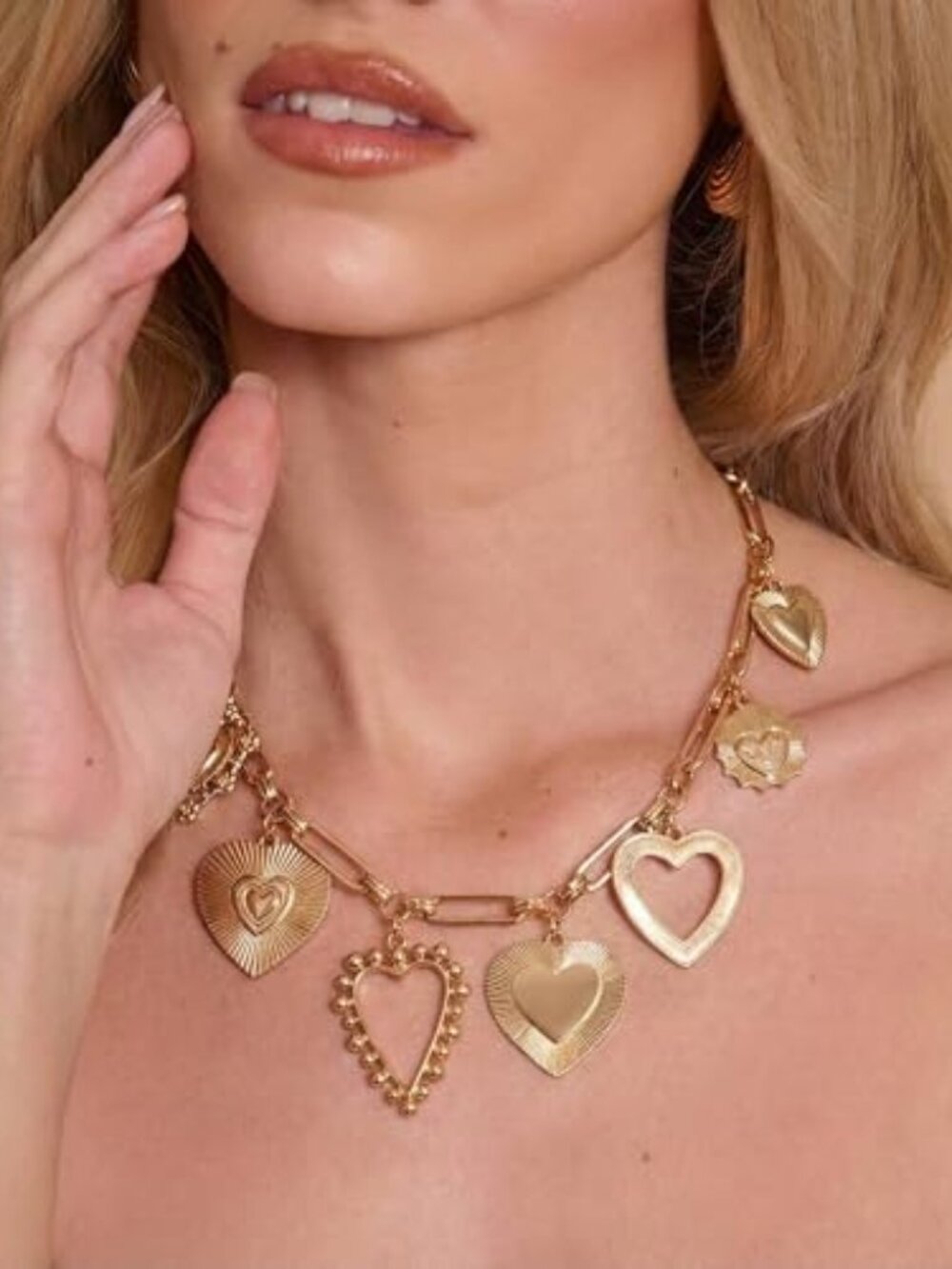 New - Chunky Gold Necklace for Women Big Heart Necklace Vintage Gold Statement‎
